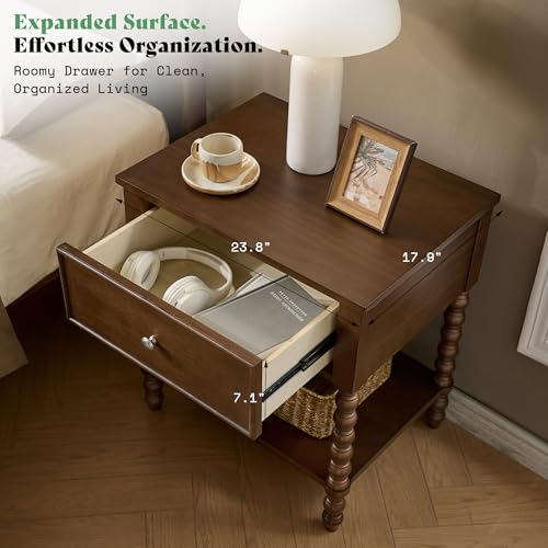 Image of AMERLIFE Walnut Nightstand Set of 2, Mid Century Solid Wood Bedside Table | End Table with Drawer, Modern Night Stand with Spindle Wooden Legs for Bedroom, Office, Dark Walnut