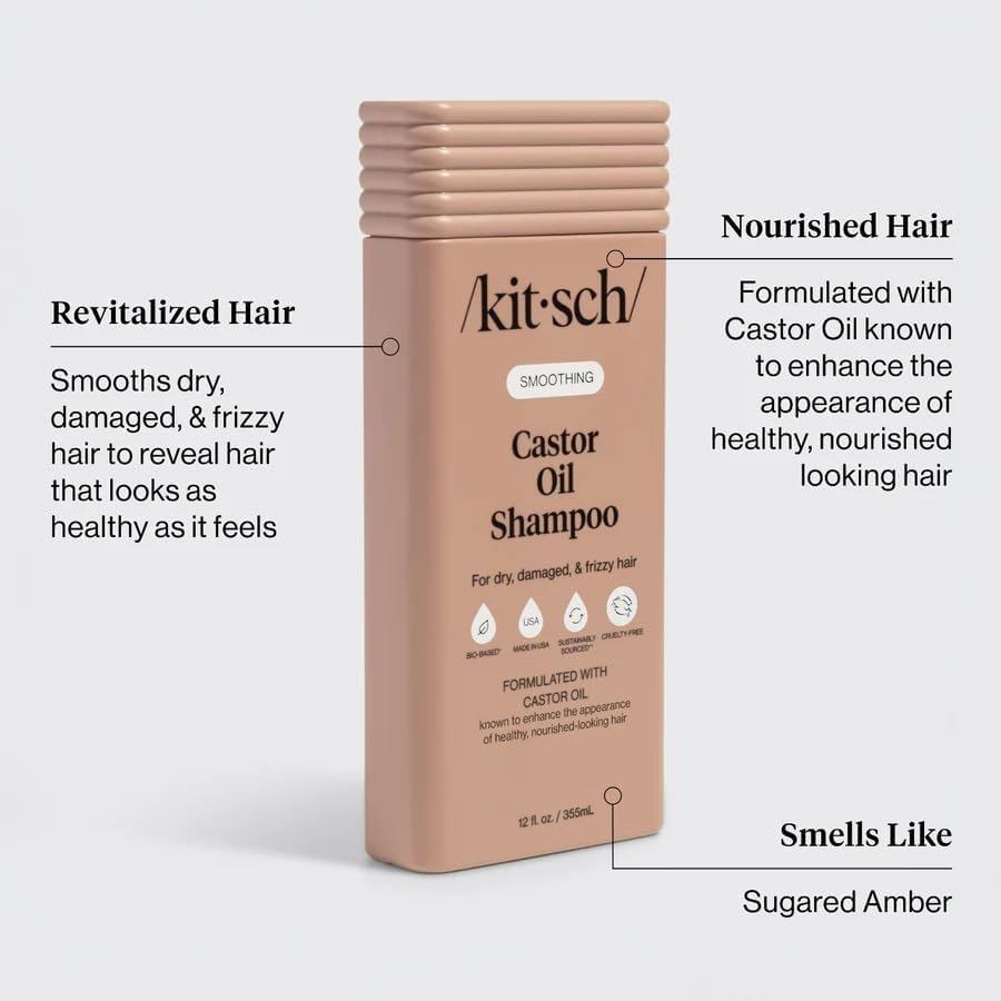 Kitsch Smoothing Castor Oil Liquid Shampoo – Nourishing Hair Shampoo for Men and Women – Smooths Dry, Damaged & Frizzy Hair – Clean, Bio-Based, Color-Safe Hair Care, Made in USA – 12 oz - Image 3