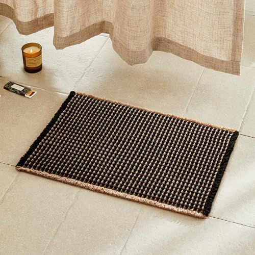 TYUU Waffle Bath Mat Boho Bathroom Rugs Non Slip Washable Super Absorbent Quick Dry Bath Mat Farmhouse Bathroom Decor 24x16 Khaki and Black