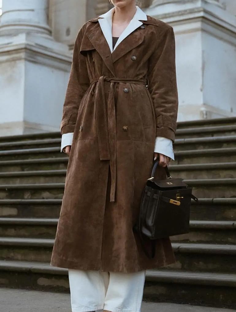 Womens Faux Suede Trench Coat Long Suede Leather Jacket Double Breasted Pea Coat with Belt