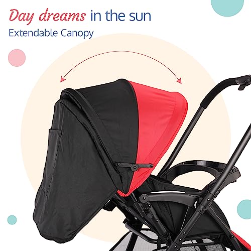 Image of LuvLap Golf Baby Stroller /Pram with 5 Point Safety Harness, 0-3 Years, Multi Level Recline & Adjustable footrest, Extendable Canopy, Red & Black