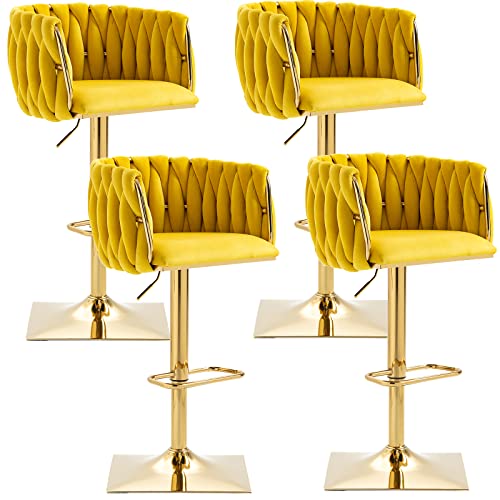 Modern-Velvet-Swivel-Bar-Stools-Hand-Woven-Backrest-Comfy-Adjustable-Counter-Height-Barstools-with-Gold-Square-Base-for-Counter-Kitchen-Island-Cafe-Pub-Set-of-4-Mustard Modern Velvet Swivel Bar Stools Hand Woven Backrest Comfy Adjustable Counter Height Barstools with Gold Square Base for Counter Kitchen Island Cafe Pub Set of 4 Mustard