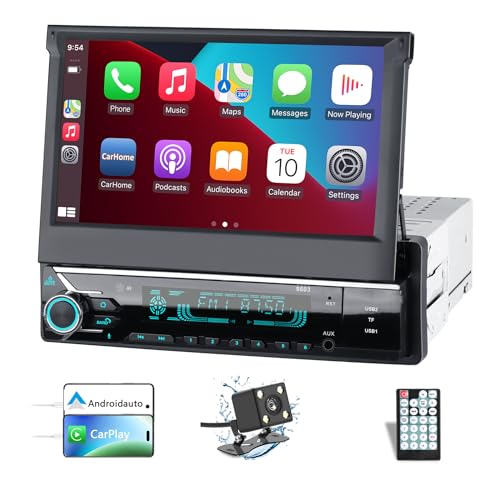 Radio de Coche 1 DIN con Carplay/Android Auto, Radio de Coche Manual telescópico de 7 Pulgadas con Pantalla táctil con cámara de visión Trasera, Mirror Link, Soporte USB/FM/AUX/TF (no automático).