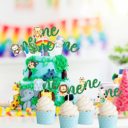 Safari Jungle Animal One Cupcake Toppers Green Glitter 24 Pcs Cake First Birthday Watercolor Baby Animal Zoo Theme Decorations For Baby Shower Kids Boys Girls 1St Birthday Party Supplies Eddjond #TOP5
