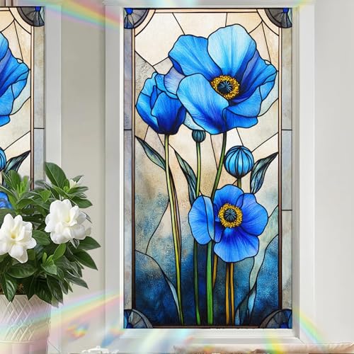 Image of Nuxovilar Gothic Rainbow Blue Flowers Window Film 17.5x39.3 in PVC