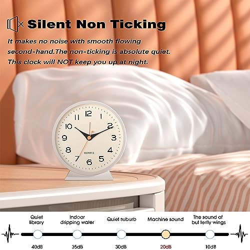 Image of AYRELY 4.5 inch Analog Alarm Clock,Small Retro Desk Clock Battery Operated,Silent Metal Table Clock with Light for Living Room Decor,Bedroom,Bedside,Shelf (White)
