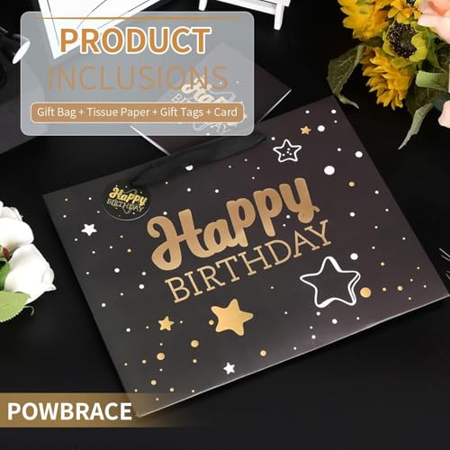 Image of 16 inch Black Happy Birthday Gift Bag with Tissue Paper and Greeting Card for Party,Happy Birthday Gift Bag for Men Women,Gift Bags Extra Large(2 PCS Black Hot Stamping)