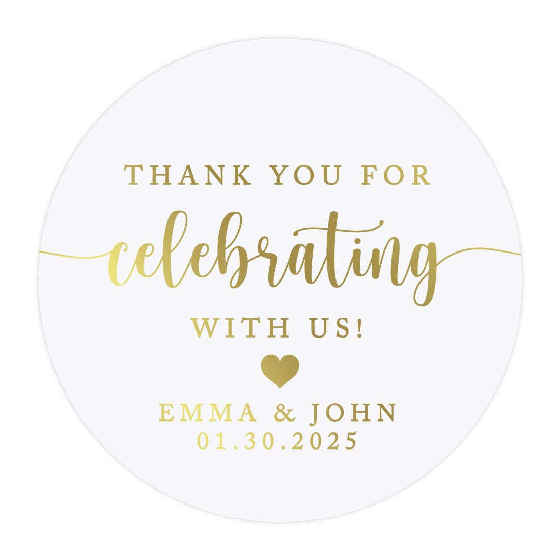 Andaz Press 2" Round Clear Personalized Wedding Sticker Labels with Gold Custom Script Thank You for Celebrating with Us Sticker, Wedding Stickers for