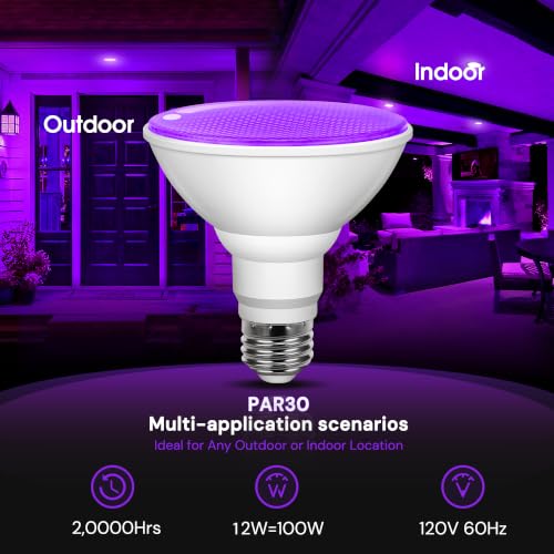 Image of L LOHAS LED Purple Halloween Flood Light Bulbs, PAR30 Flood Light Outdoor | LED 12 Watt Colored Porch Bulb, 100W Equivalent, E26 Base Ideal for Home Lighting, Holiday, Party Decoration, 2 Pack