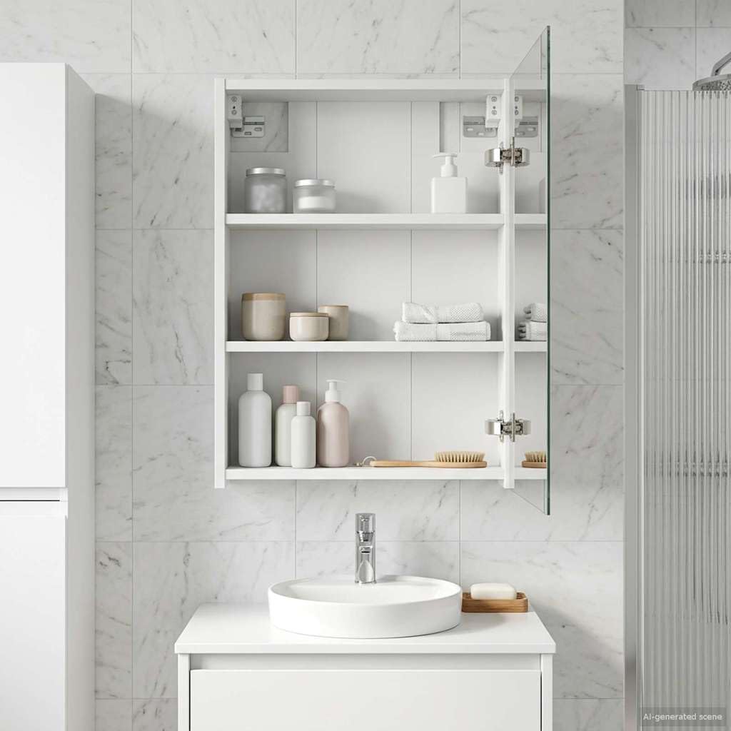 Armadietto da bagno a specchio bianco in legno 43 x 16 x 62,5 cm con porta, 2 ripiani regolabili, da appendere alla parete per lavabo, mobili da bagno, vano portaoggetti, cosmetici e