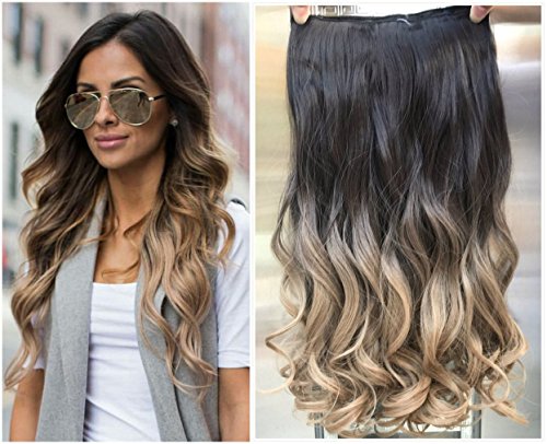 20 Inches Full Head Ombre Dip Dyed Loose Curls Wavy Curly Clip-in Hair Extensions 6pcs Pack (darkest brown to dirty blonde)