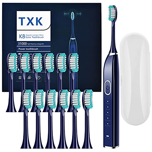 Electric Toothbrush for Adults with 12 Replaceable Brush Heads and 1 Travel Case Sonic Automatic 5 Modes 3 Power Rechargeable Electronic Whitening Toothbrushes Waterproof Quiet (Sapphire Blue)