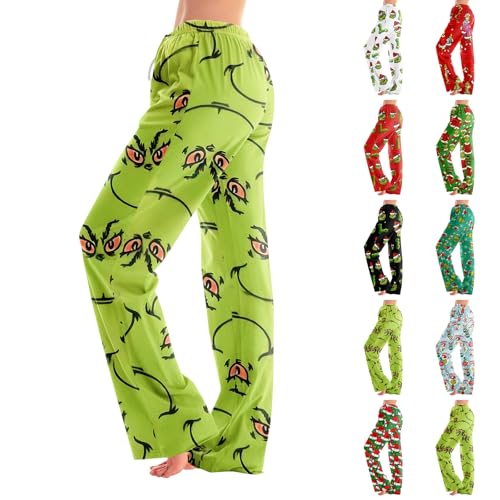 Red Sweatpants Women,Christmas Pajama Pants Women Funny Holiday Elastic Waist Loose Fit Wide Leg Lounge Pants Drawstring Soft Pj Bottoms(Medium,Greens)