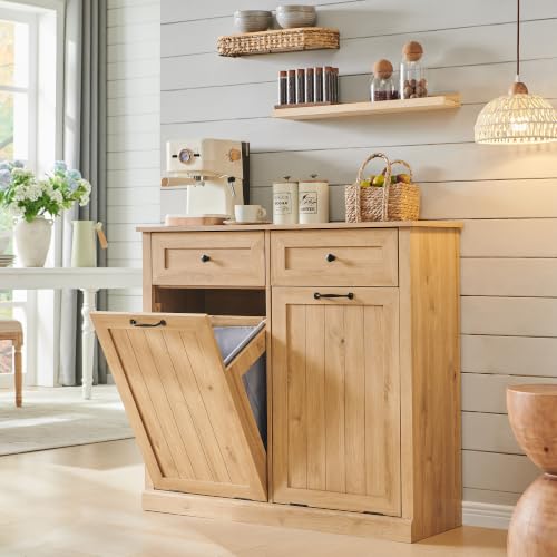 Image of IFBUY Double Tilt Out Laundry Hamper Cabinet, Trash Cabinet, Natural