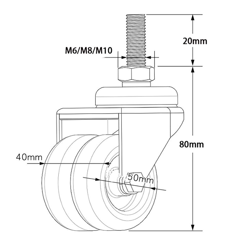 Ruote girevoli universali silenziose per mobili da 2 Pollici, Ruote girevoli in Gomma con Freno, Doppie Ruote di Ricambio per Divano, Sedia, Carrello, Filettatura M6/M8/M10 (Confezione da 4)