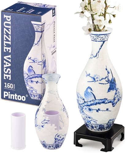 Pintoo 3D Puzzle Vase Unique Flower Vase Made by 160 Curved Plastic Puzzle Pieces House Warming Gift for Flower Arrangements and Home Decoration - [S1025] (Translucent, Magpies on Plum Tree)