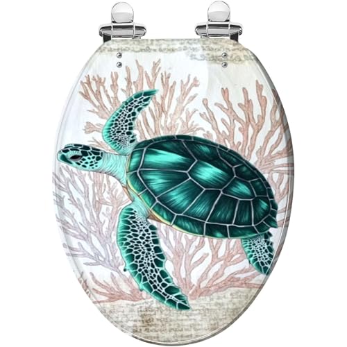 Elongated Toilet Seat Delicate Coral Drifting Sea Turtle Art Vintage Aesthetic Resin Toilet Seat Quietly Close Quick Release Hinges Decorative Toilet Seat with Cover Easy to Install