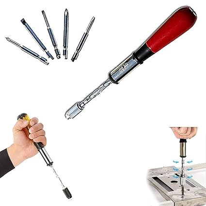 Push Pull Ratchet Screwdriver Adjustment Spiral Ratchet Screwdriver with 5 Replaceable Heads (red)