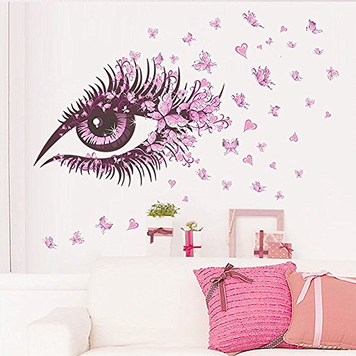 Amaonm Beautiful Pink Eyes & Flying Butterfly Wall Decal Removable DIY Art Decor Wall Stickers & Murals for Girls Kids Bedroom Living Room Nursery Room Offices TV Background