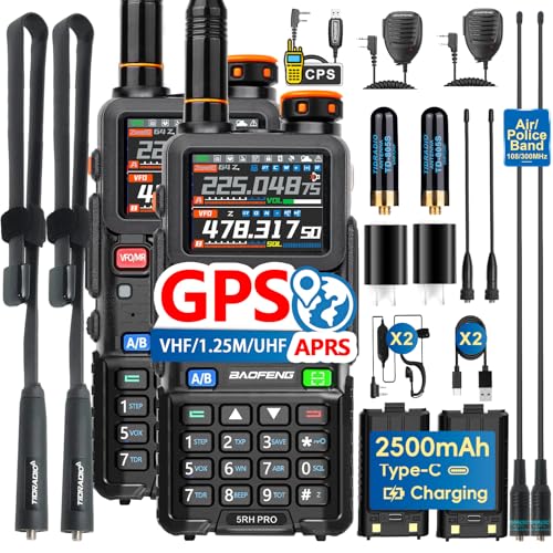 BAOFENG BF-5RH PRO GPS/APRS 10Ｗ Ham Handheld Radio, Multi-Band Long Range Two-Way Radio with 18.89'' Tactical Antenna, Aviation/VHF/UHF/ 1.25m Scanner, NOAA 5RM Walkie Talkies Type-C Charging,2 Pack
