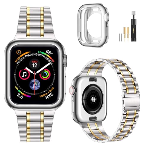 Image of MioHHR Solid Stainless Steel Band Compatible with Apple Watch 46mm (Series 11 10), Metal Strap with Soft TPU Case for iWatch Series 11 /10 46mm Women and Men, Silver /Gold