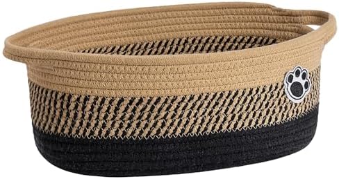 Woven Rope Dog Toy Basket with Paw Print, Black Brown