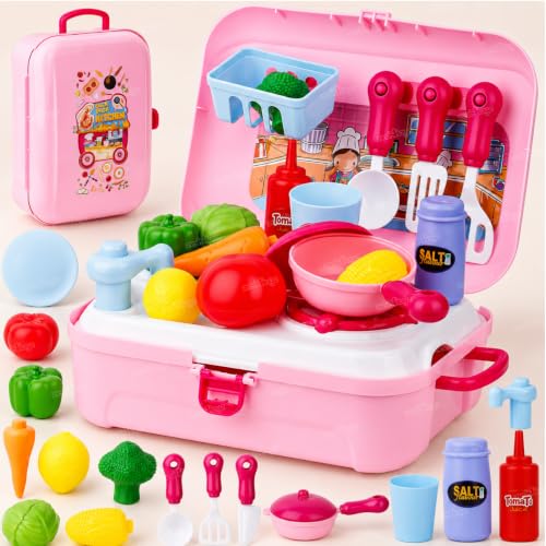 Image of Zest 4 Toyz Kitchen Set for Kids Girls Pretend Play Toys with Light and Sound Portable Trolley Cooking Set Early Educational Toys Kitchen Set 24 Pieces