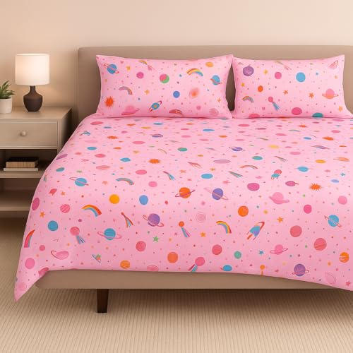 Image of Double Size Bedsheet - Dreamy Galaxies - 90 x 100 Inches - Brushed Microfiber Flat Sheet with Pillow Covers - Soft, Cooling, Wrinkle & Fade Resistant