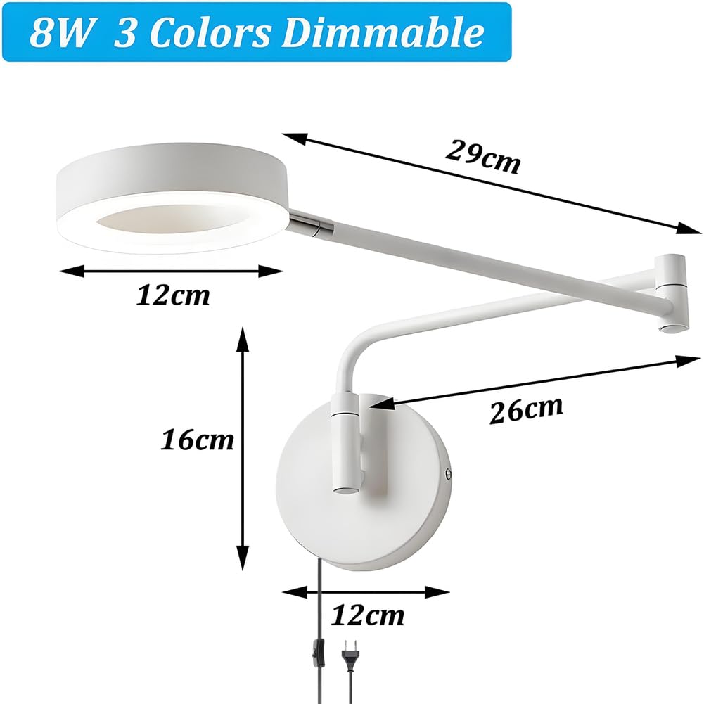 AoLa LED Schwenkarm Wandleuchte mit Schalter und Kabel Verstellbar Wandlampe lnnen 3 Farbtemperaturen 3000K/4500K/6000K Wand Leselampe Modern Swing Arm Nachttischlampe für Wohnzimmer Schlafzimmer