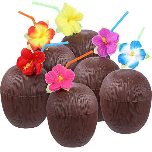 Kuinayouyi Lot de 15 gobelets en noix de coco hawaïens Luau avec pailles en forme de fleur d'hibiscus - Pour fête sur le thème de la plage - Gobelets amusants ou décoratifs