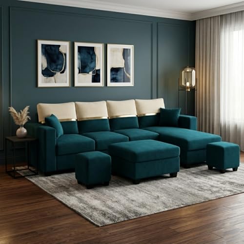 Image of Furny Arvea 8 Seater Fabric RHS L Shape Sofa Set with 1 Centre Table & 2 Puffy (Greenish Teal) | Soft Velvet Fabric | Modern Design | Comfortable Seating | Living Room Furniture