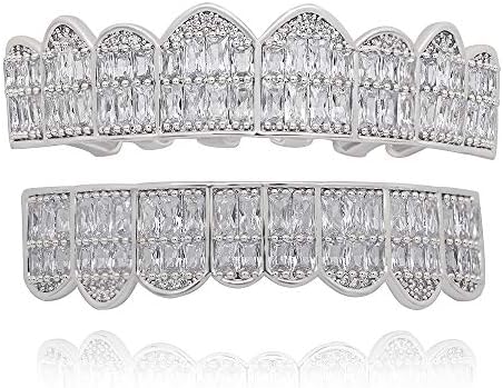 LuReen Gold Teeth Grillz Square Pave CZ 8 Teeth Top Bottom Man Women Grillz Diamonds Grillz+ 2 Extra Molding Bars