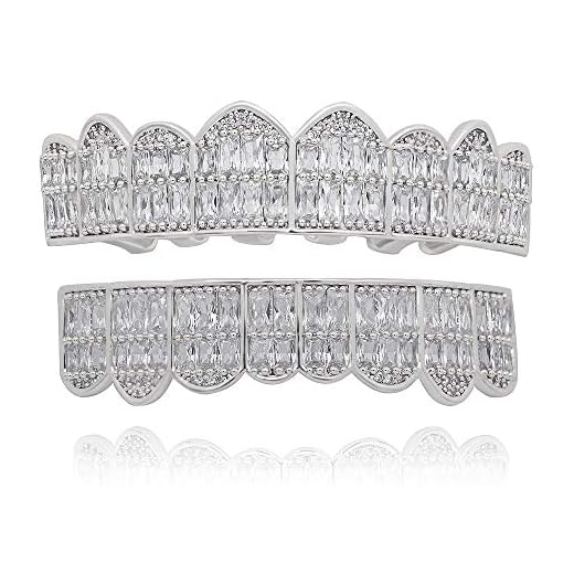 LuReen Gold Teeth Grillz Square Pave CZ 8 Teeth Top Bottom Man Women Grillz Diamonds Grillz+ 2 Extra Molding Bars