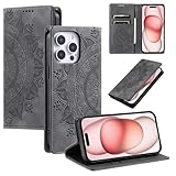 iPhone 16e用ジェネリックケース(カラー:グレー)パターンスタンドカードスロットウォレットレザーフリップバックケース