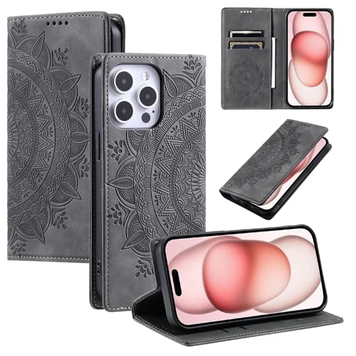 Étui portefeuille en cuir gris avec support pour iPhone 16