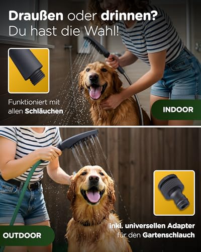 KUNTO® Hundebrausekopf - Hundedusche Duschkopf - Hundedusche mit vier Strahlarten - Hunde Duschkopf mit Silikonborsten für effektive Fellpflege - Mobile Hundedusche outdoor mit Gartenschlauchadapter