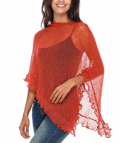 Image of SHU-SHI Women's Sheer Knit Poncho Shrug Lightweight Asymmetrical Ruffle Wrap Dressy Summer Shawl Cover Up Top