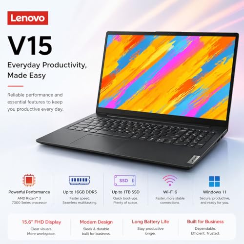 Image of Lenovo V15 Business Laptop 2026 Edition, AMD Ryzen 3 7320U (Beat i7-1065G7), 15.6 inch FHD Display, 16GB DDR5 RAM, 256GB NVMe SSD, Wi-Fi 6, RJ-45, Dolby Audio, Windows 11 Pro, Black