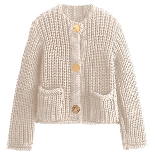 YKR Chunky Knit Cardigan Sweater for Women Long Sleeve Cropped Cardigans Button Down Sweaters with Pockets Beige M2