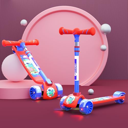 Image of Konex Kick Scooter for Kids (2+ Years) | 3 Broad Rubber Wheels for Smooth Ride | 4-Level Height Adjustable Handle | Foldable & Portable with Back Brake (Red-Blue, LED)