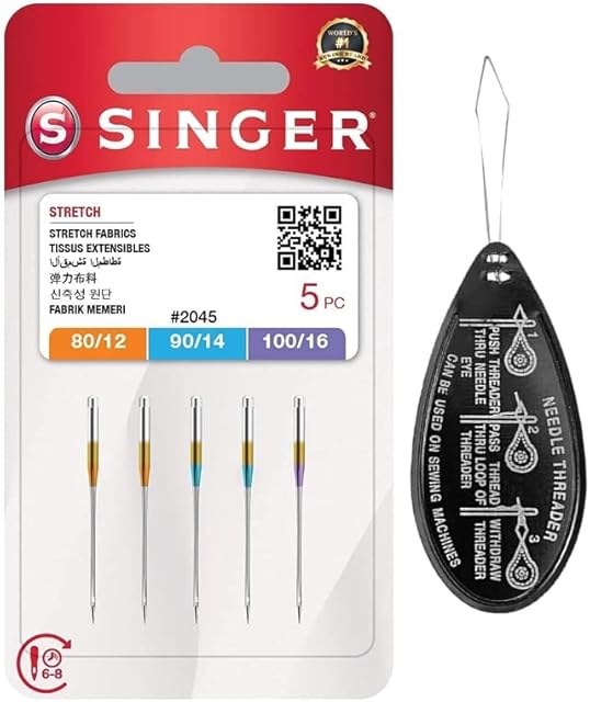 Singer Stretch Ball Point 2045 Sewing Machine Needles, Packet of 5, Assorted Sizes 80/12, 90/14 & 100/16, Includes Large Needle Threader