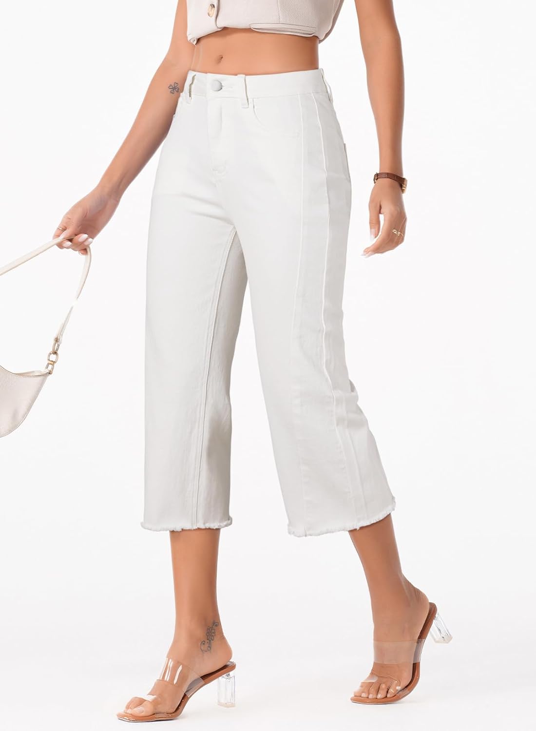 Sidefeel Women's Capri Jeans High Waisted Wide Leg Stretchy Raw Hem Side Seam Zimbaplatinum Denim Pants - Image 3