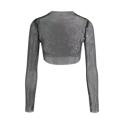 Lorelei II Women's Rhinestone Sheer Mesh Crop Top Long Sleeve Slim Fit Party Clubwear