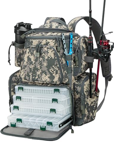Piscifun Fishing Tackle Backpack with 4 Tackle Boxes, Waterproof Rain Cover, Bottle Holder, Large Storage Waterproof Fishing Tackle Bag for Fishing Gear, Camping, Hiking Digital Camouflage