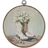 TLESKE Vintage Western Cowgirl Round Wall Art Decor Framed 10x10, Western Teen Girls Canvas Wall Art Prints Artwork, Cowboy Preppy Hanging Wall Picture Room Decor for Home Bedroom Living Room