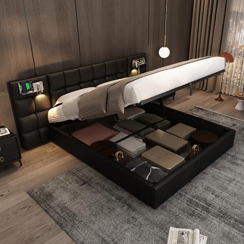 Canape Abatible de Formato Doble Grande 180x200cm con Sistema de Elevacion Neumatica con Conectividad USB en Cabezal como Marco Acolchado y Bastidor Estable de Madera Negra