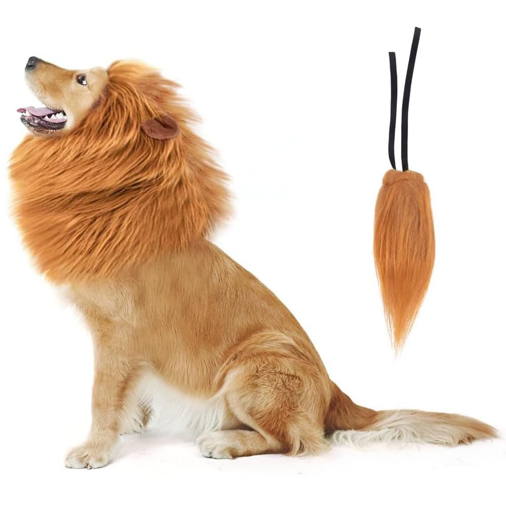 Ling & Bai Dog Halloween Costume Lion Mane and Tail Adjustable Fancy Wig Cosplay Outfits for Medium Large Dogs (Brown)