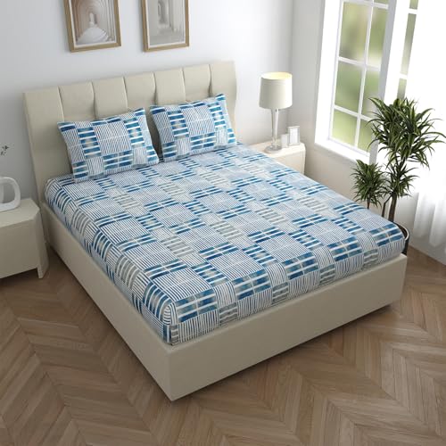 Image of LINENWALAS 100% Cotton Queen Size Fitted Bed Sheet for Double Bed, Printed All Around Elastic Bedsheet (60 x 78 Inches) + 2 Pillow Covers | 210 TC Soft, Breathable, Luxury Bedsheet (Coastal Chevron)