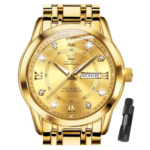 OLEVS Gold Watches for Men Stainless Steel Diamond Gold Watch Mens Day Date Mens Waterproof Watches Luxury Men Watches Business Mens Gold Watch Quartz Analog Fashion Dress Watches for Men