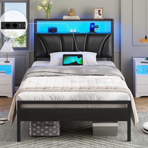 Brinlawb Bett 90x200 mit Lattenrost aus Metall Bettgestell 90x200 cm mit LED Beleuchtung, Jugendbett 90x200 mit Kopfteil und Ladestation(2...